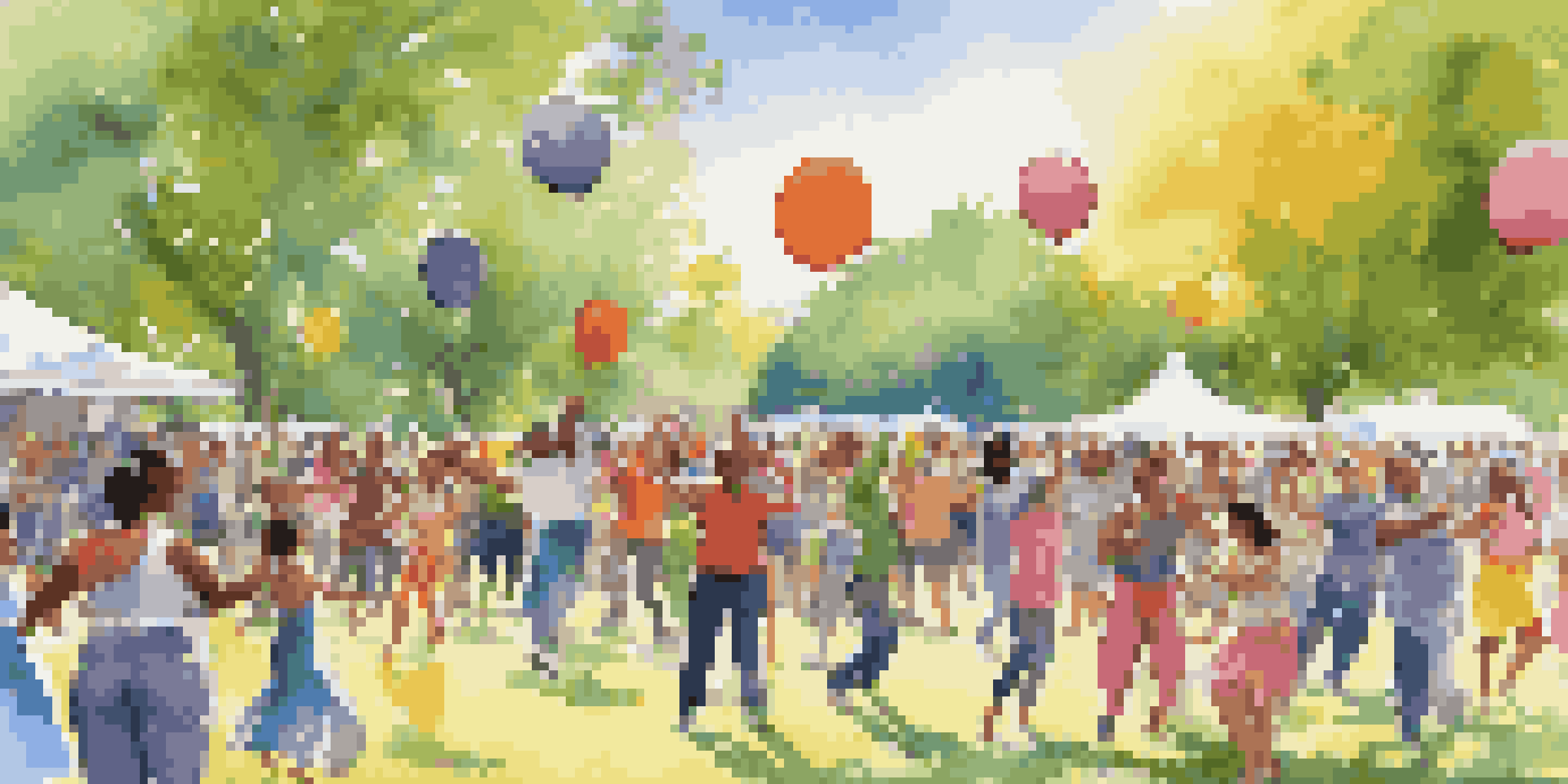 A lively outdoor dance event in a park with diverse participants dancing together under a clear blue sky, surrounded by colorful decorations.