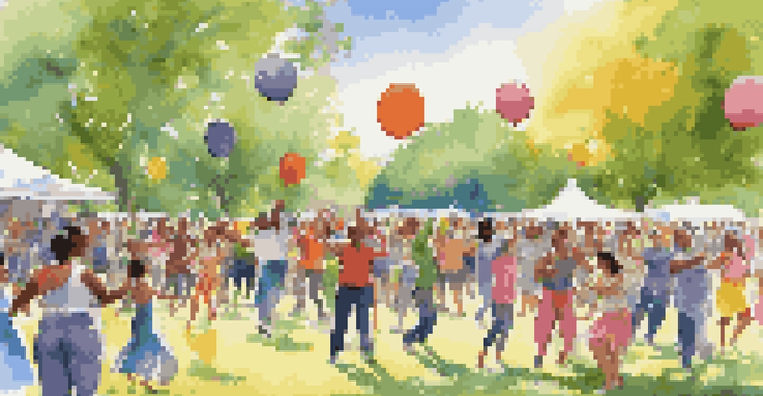 A lively outdoor dance event in a park with diverse participants dancing together under a clear blue sky, surrounded by colorful decorations.
