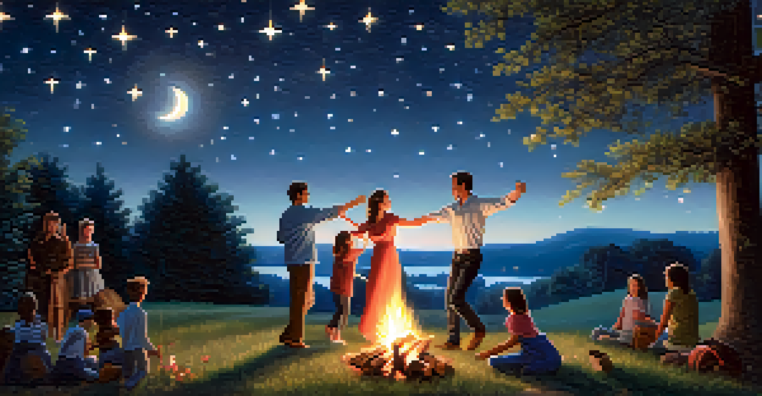 A family dancing joyfully outdoors under the stars, surrounded by trees and a bonfire, illuminated by moonlight.