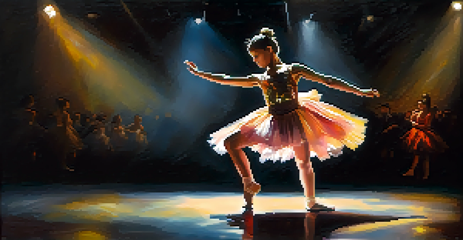 A young dancer performing on stage under soft spotlight, showcasing expression and movement, with a dark background and captivated audience.