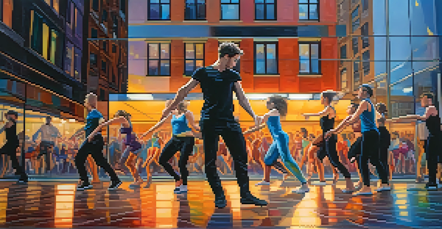 Dancers performing contemporary dance in an urban setting, with modern architecture and colorful lighting enhancing their movements.