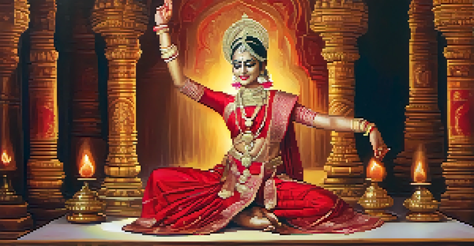 A Bharatanatyam dancer in a colorful costume, performing on a temple stage with flowers and lamps around her.