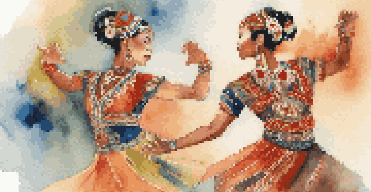 A close-up of two culturally diverse dancers in traditional costumes, showcasing their expressive movements and emotions in a brightly lit setting.