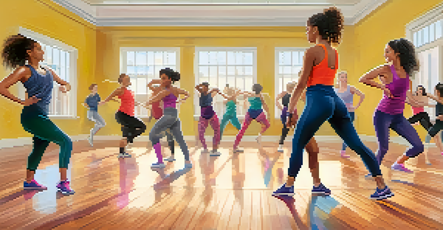 A contemporary dance fitness class in a bright studio with diverse participants dancing and enjoying.