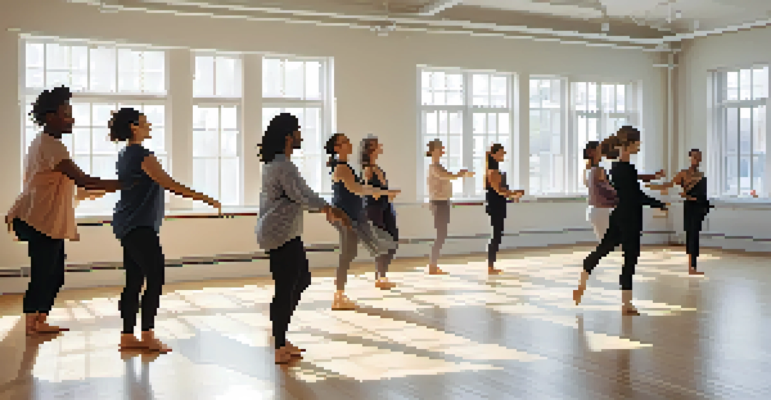 A dance therapy session in a bright studio with participants engaging in expressive movement, surrounded by natural light.