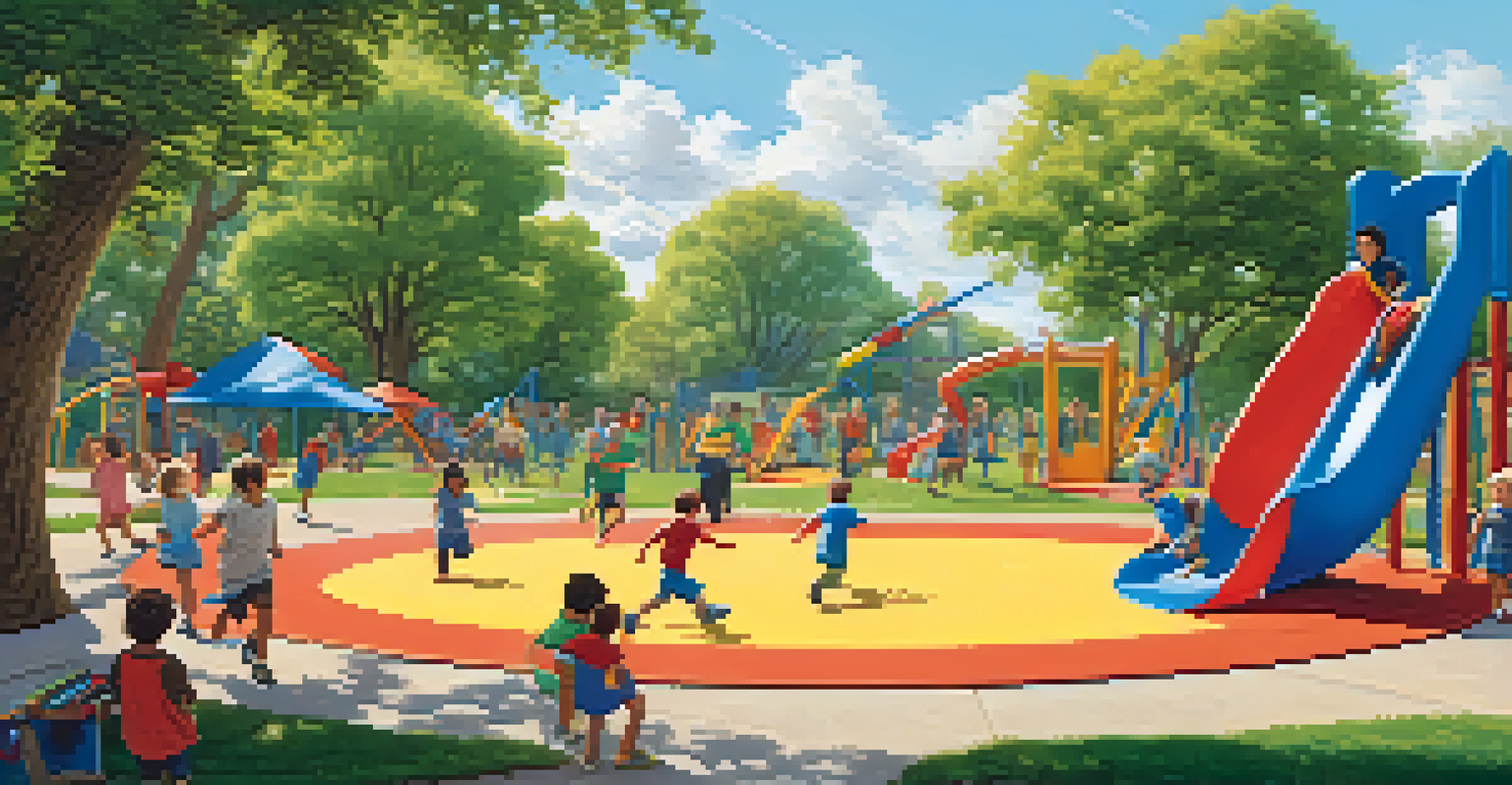 A lively playground scene with children engaged in imaginative play, showcasing a sense of freedom and joy under a clear blue sky.