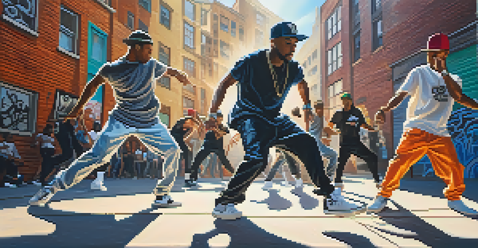 A hip-hop dance crew practicing in an urban area with graffiti art, showcasing energetic movements in stylish streetwear under bright sunlight.