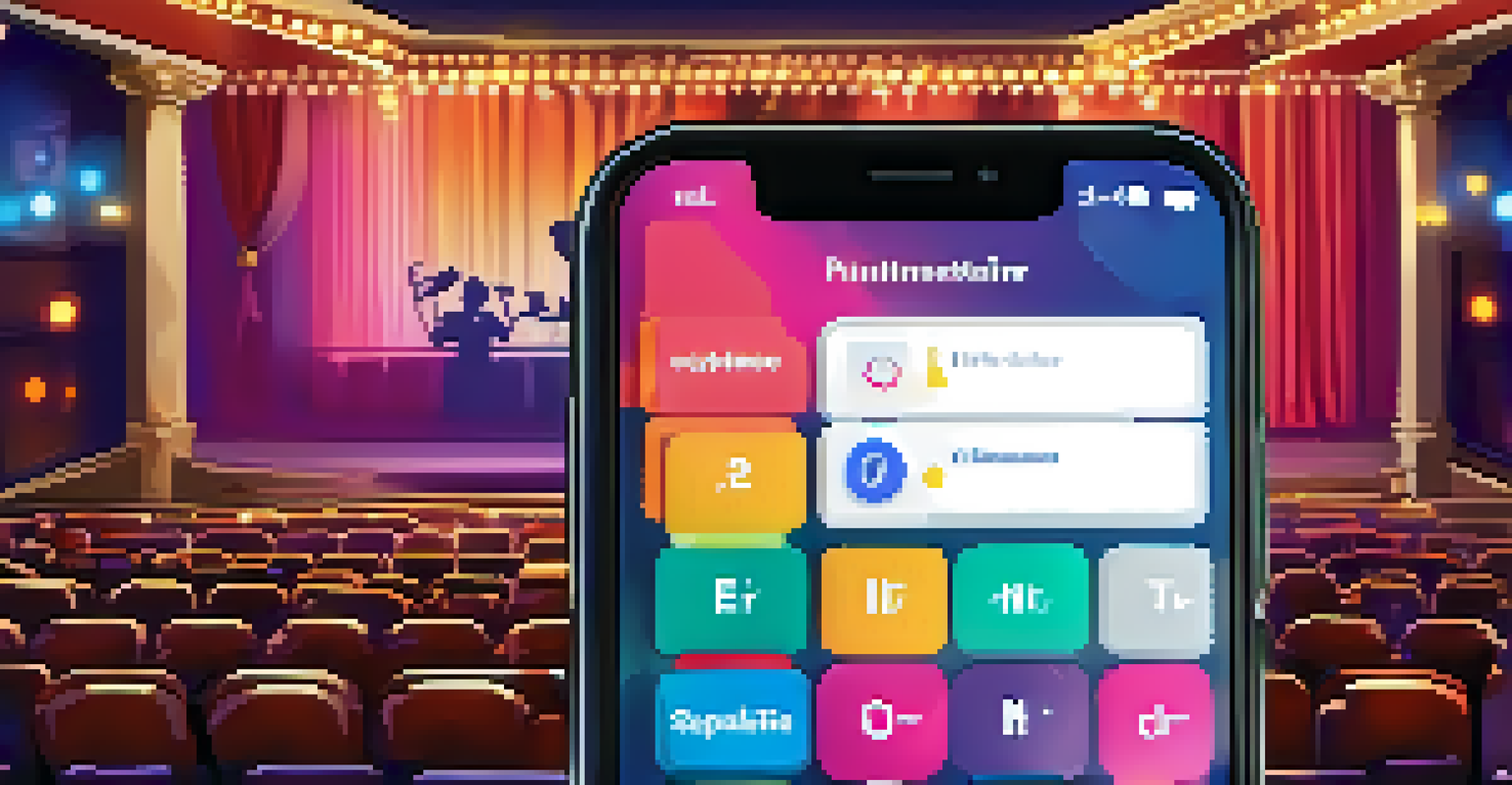 A digital scheduling app interface displayed on a smartphone with a theater stage in the blurred background.