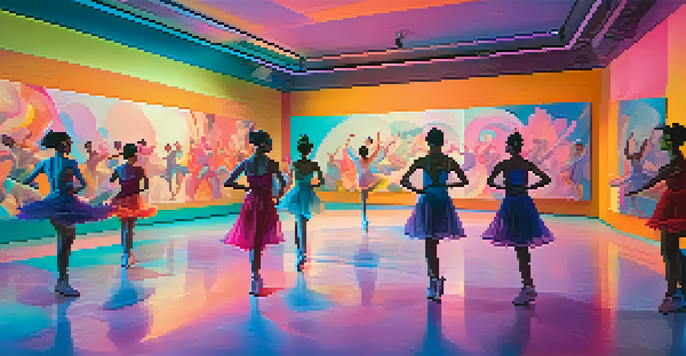 Dancers in a virtual reality studio surrounded by colorful abstract shapes and soft lighting, showcasing synchronized movements.