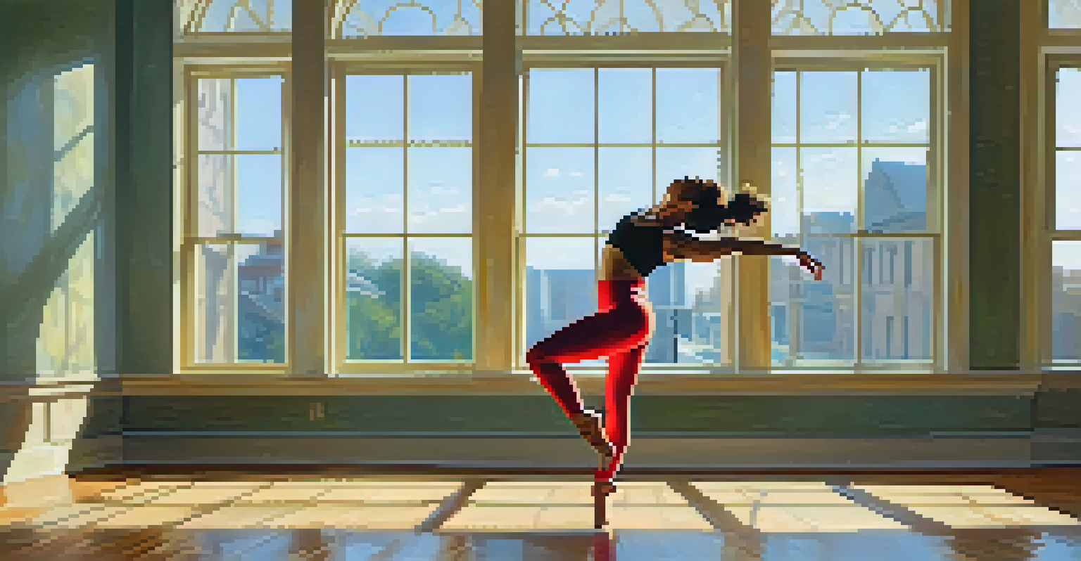 A dancer stretching in a sunlit studio with large windows, wearing bright workout clothes, on a polished wooden floor.