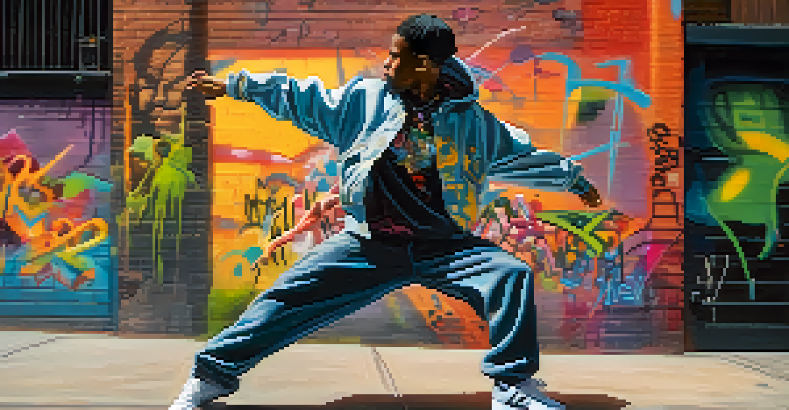 A hip-hop dancer moving energetically on a city street, with colorful graffiti in the background.