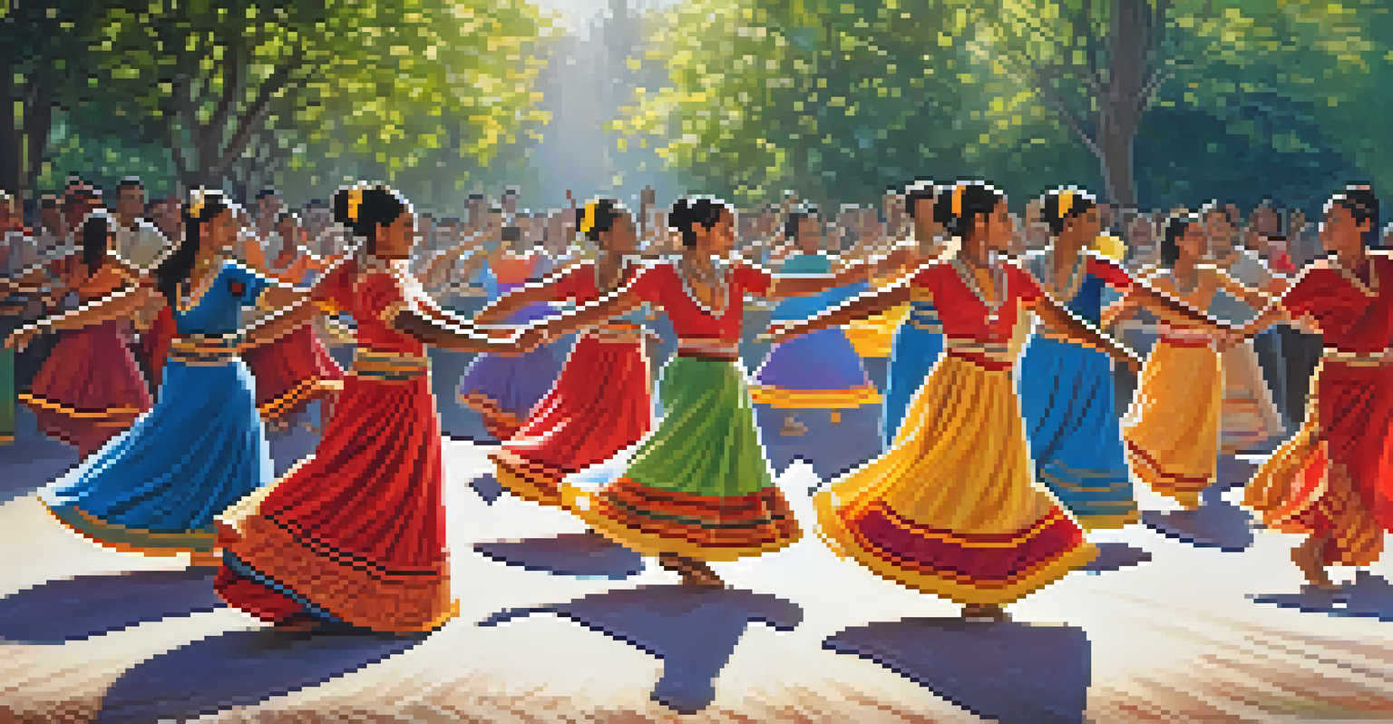 Dancers from diverse cultures performing together outdoors in traditional attire.