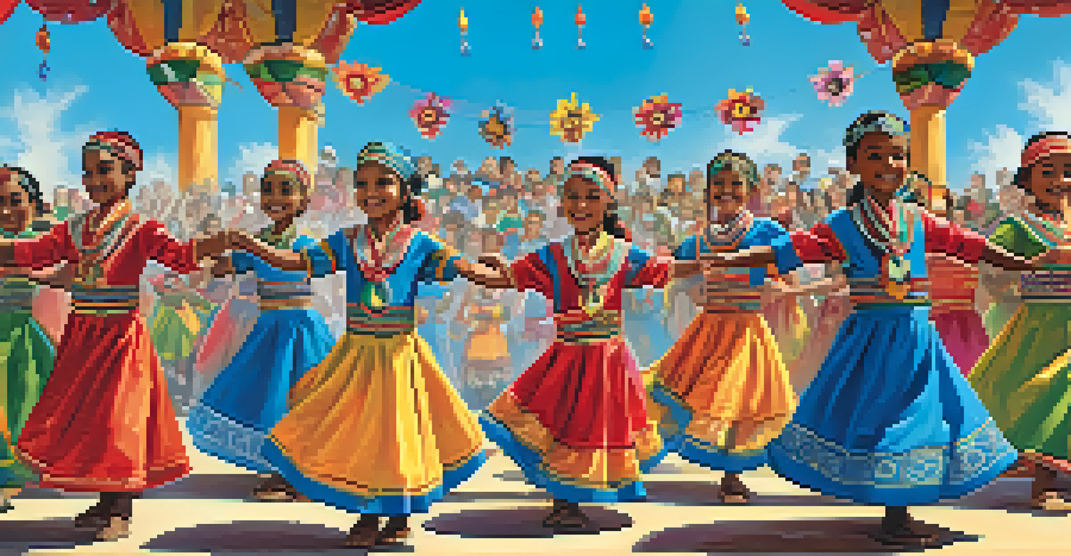 Children from diverse backgrounds performing traditional dances at an outdoor festival, dressed in colorful costumes and surrounded by cheering spectators.