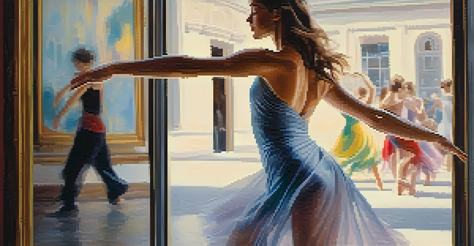 A close-up of a dancer's hand movements resembling brushstrokes, with a blurred art gallery in the background and natural light filtering in.