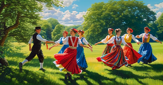 A group of dancers in traditional Irish costumes performing a jig in a green meadow under a bright sky.