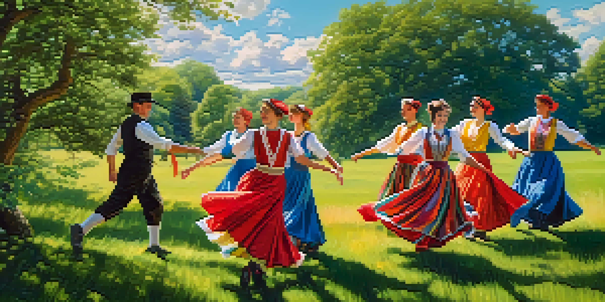 A group of dancers in traditional Irish costumes performing a jig in a green meadow under a bright sky.