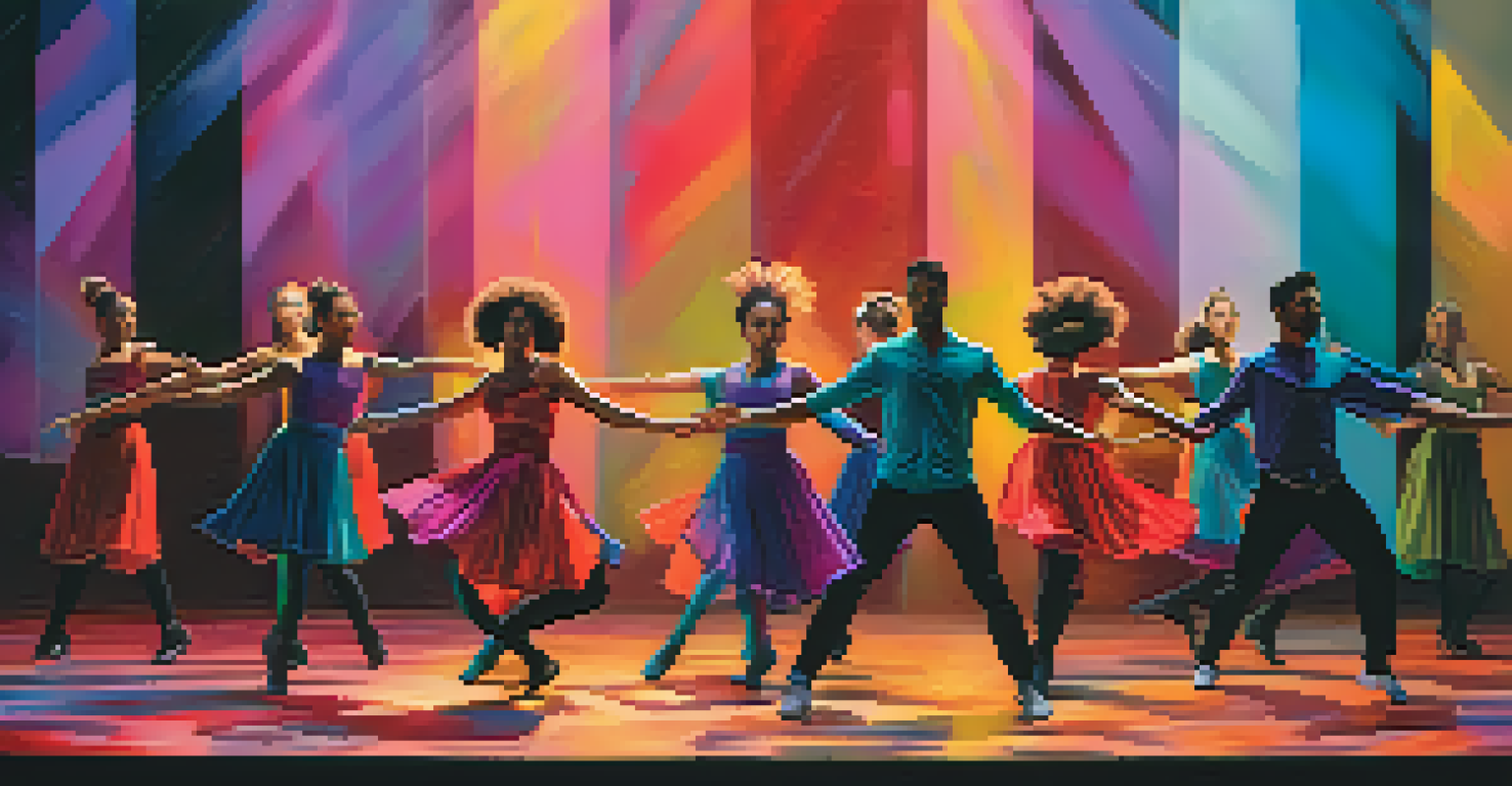 A modern performance art scene featuring dancers blending traditional folk dance with contemporary choreography in a colorful urban setting.