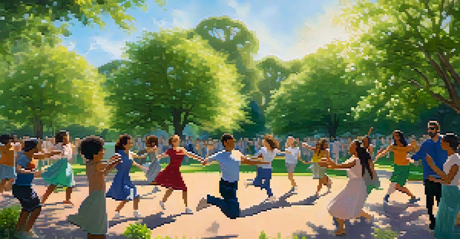 A group of people dancing together in a park during a therapy session, surrounded by nature and smiling faces.