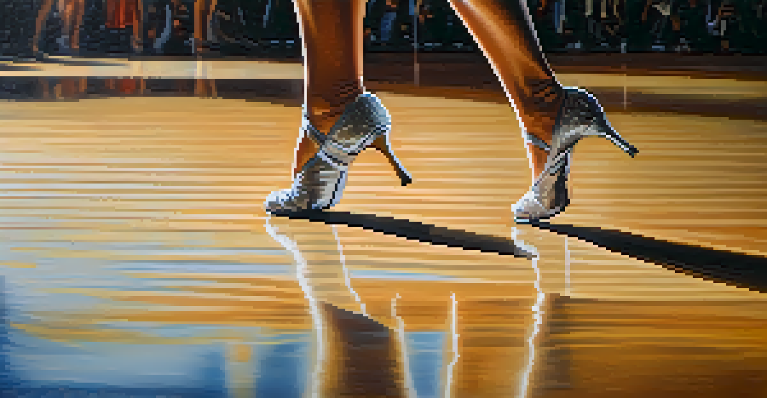A close-up view of a dancer's feet in motion, highlighting the details of their shoes and the textured dance floor beneath them.
