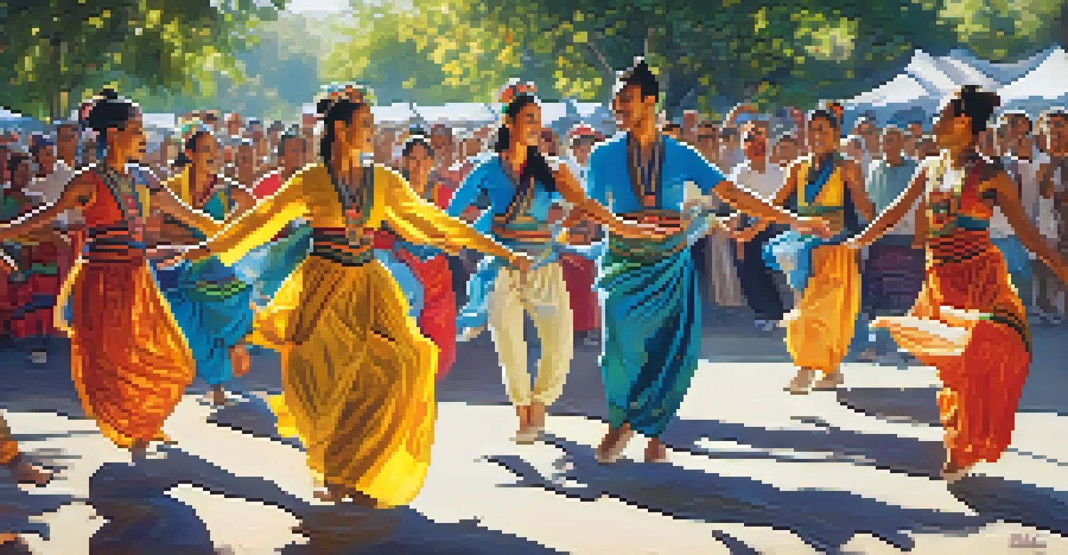 Dancers in flowing garments performing at an outdoor cultural festival, with a lively audience and colorful banners around them.