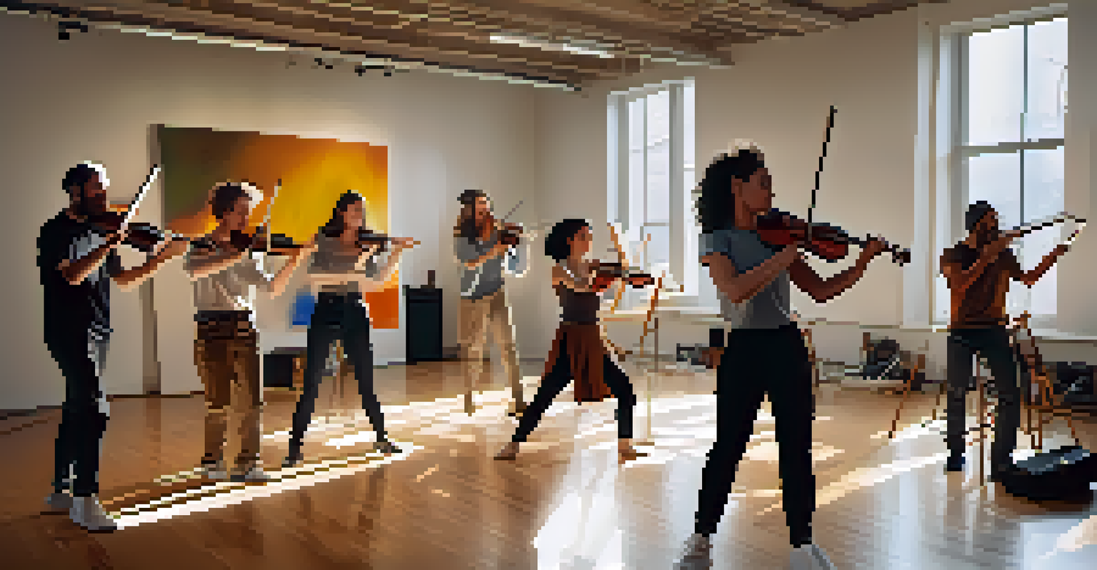 A rehearsal scene with a choreographer, musicians, and visual artists collaborating in a creative environment.