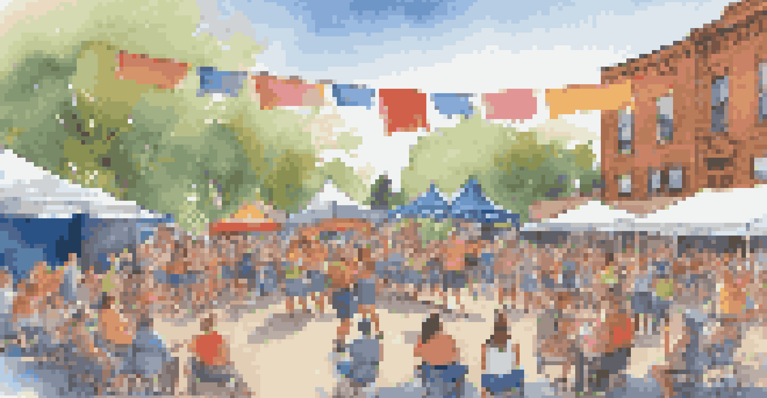 A lively outdoor fundraising event for adaptive dance, with performers on stage and an engaged audience surrounded by colorful banners and local business booths.