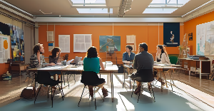 A group of actors collaborating in a rehearsal room with laptops and scripts, illuminated by natural light and surrounded by colorful posters.