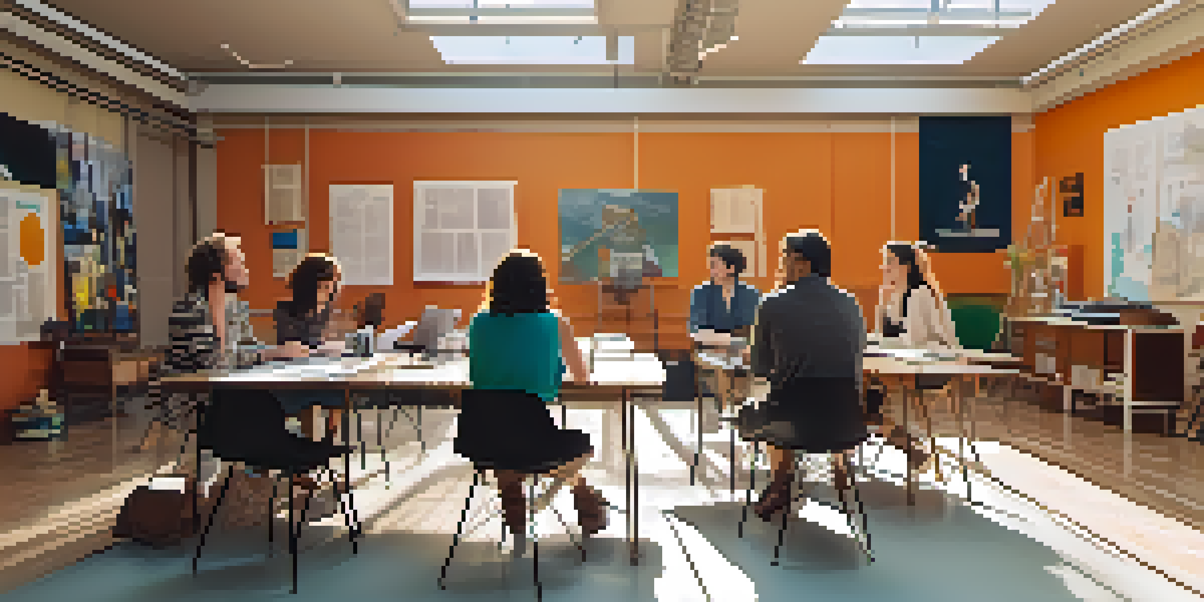 A group of actors collaborating in a rehearsal room with laptops and scripts, illuminated by natural light and surrounded by colorful posters.