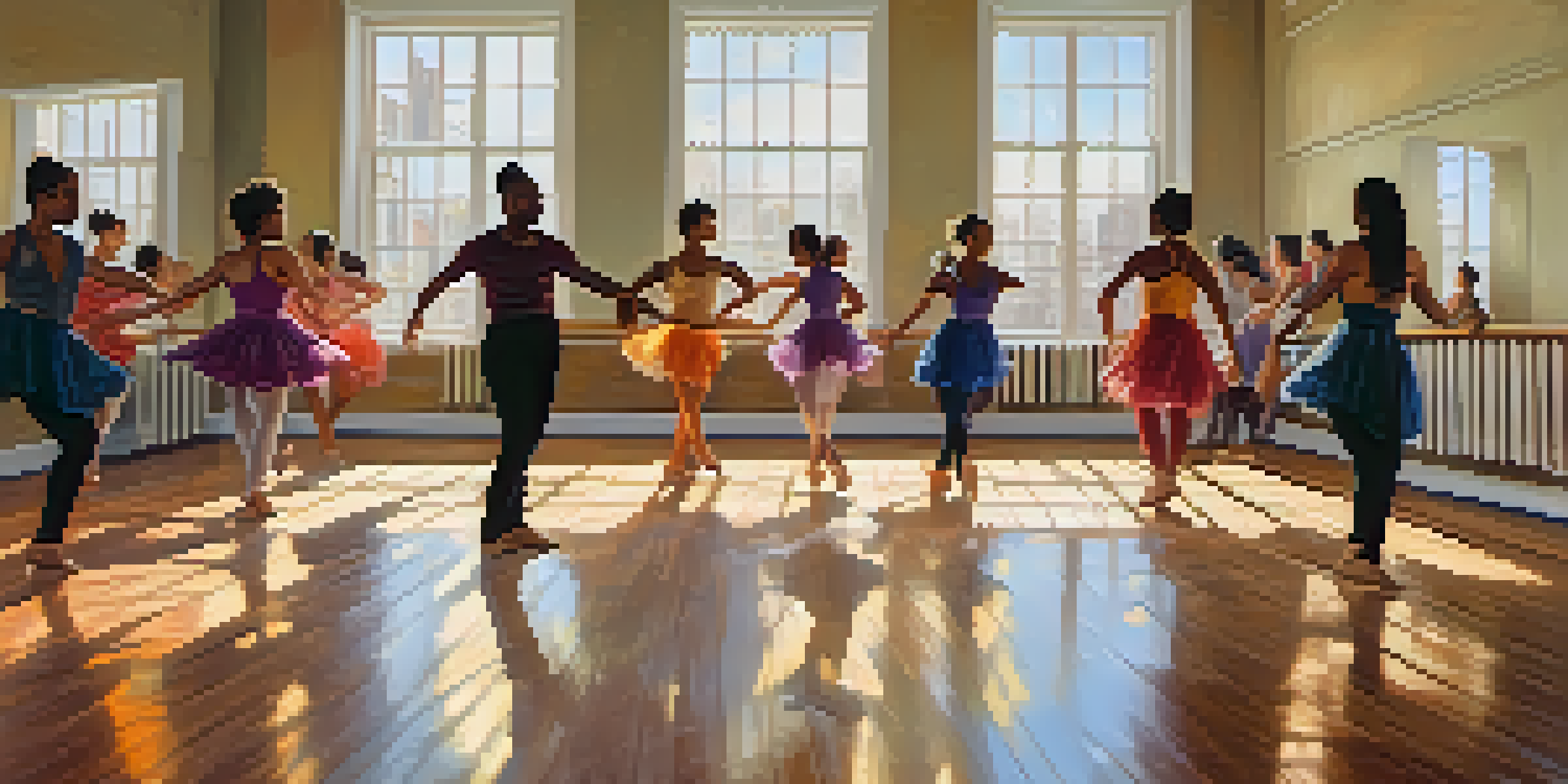 A diverse group of dancers practicing in a bright dance studio, showcasing various dance styles and expressions.