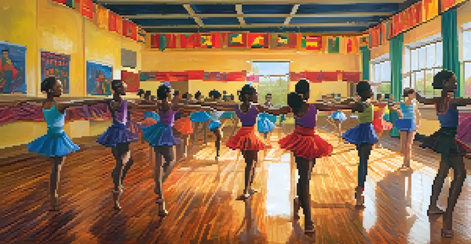 A lively dance classroom with students of different backgrounds practicing diverse dance styles, with colorful cultural banners and mirrors.