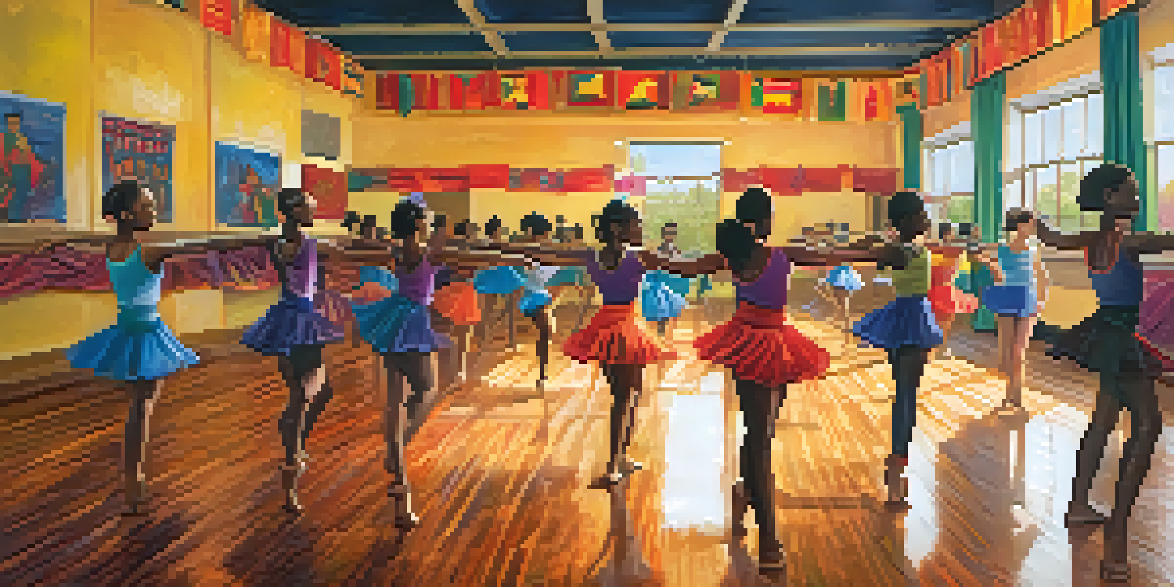 A lively dance classroom with students of different backgrounds practicing diverse dance styles, with colorful cultural banners and mirrors.
