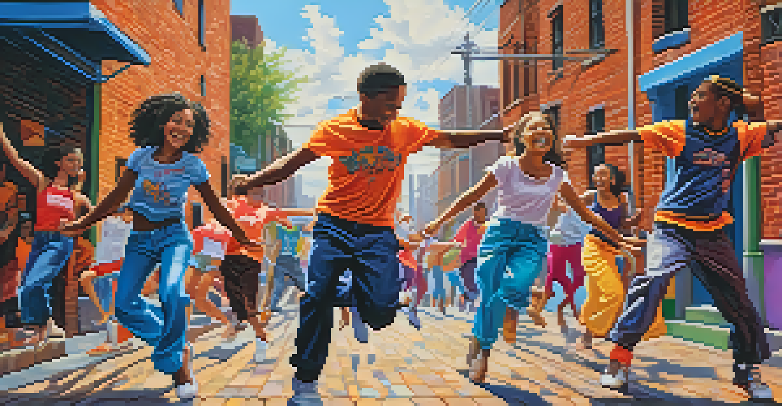 A group of diverse dancers performing joyfully on a vibrant street, surrounded by colorful graffiti.