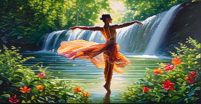 A contemporary dancer performing with flowing movements, surrounded by greenery and flowers, highlighting the connection between dance and nature.