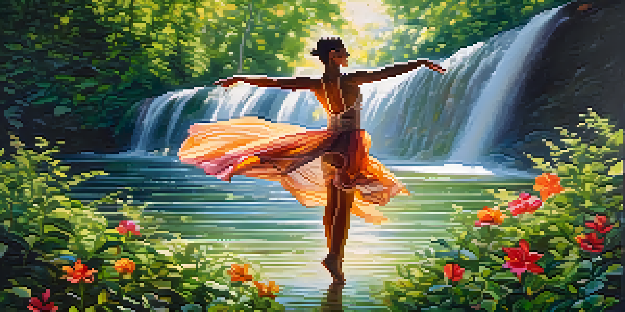 A contemporary dancer performing with flowing movements, surrounded by greenery and flowers, highlighting the connection between dance and nature.