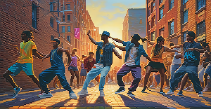 A group of diverse dancers performing in an urban setting during sunset, with colorful graffiti in the background and warm lighting.