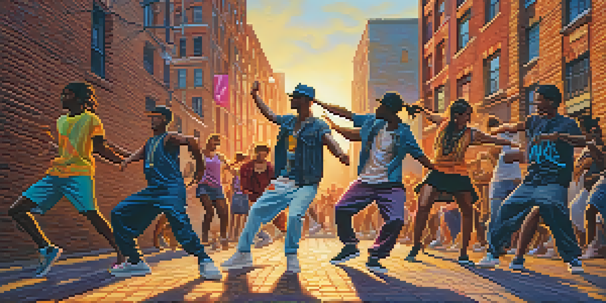 A group of diverse dancers performing in an urban setting during sunset, with colorful graffiti in the background and warm lighting.