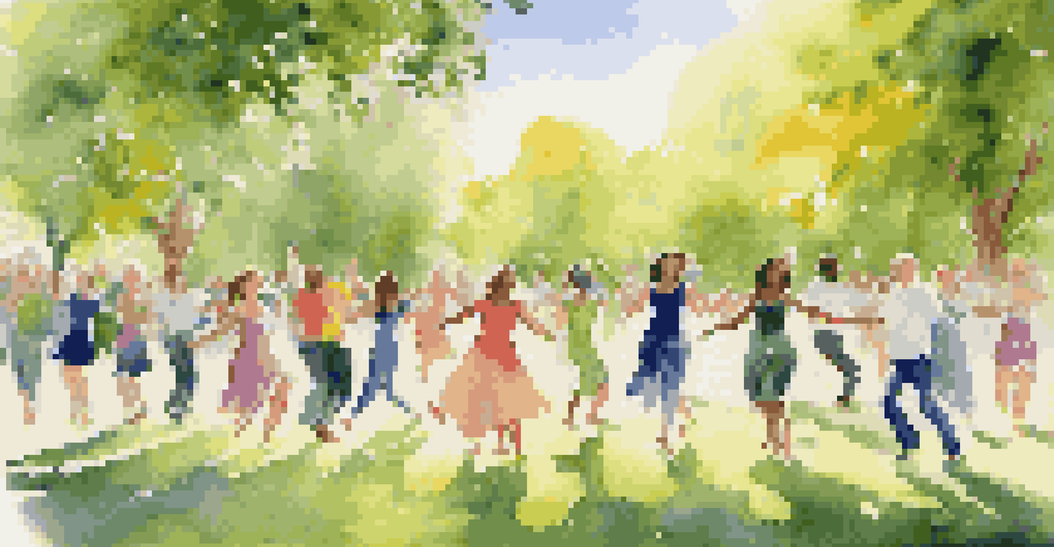 Participants enjoying a joyful outdoor dance therapy session in a park, dancing on the grass with smiles, surrounded by nature.