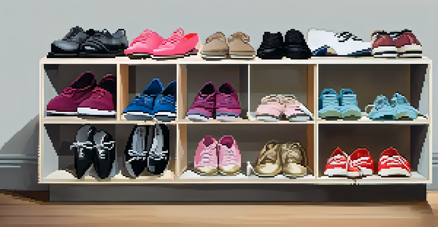 A stylish display of different types of dance shoes, including ballet, tap, and sneakers, arranged on a shelf.