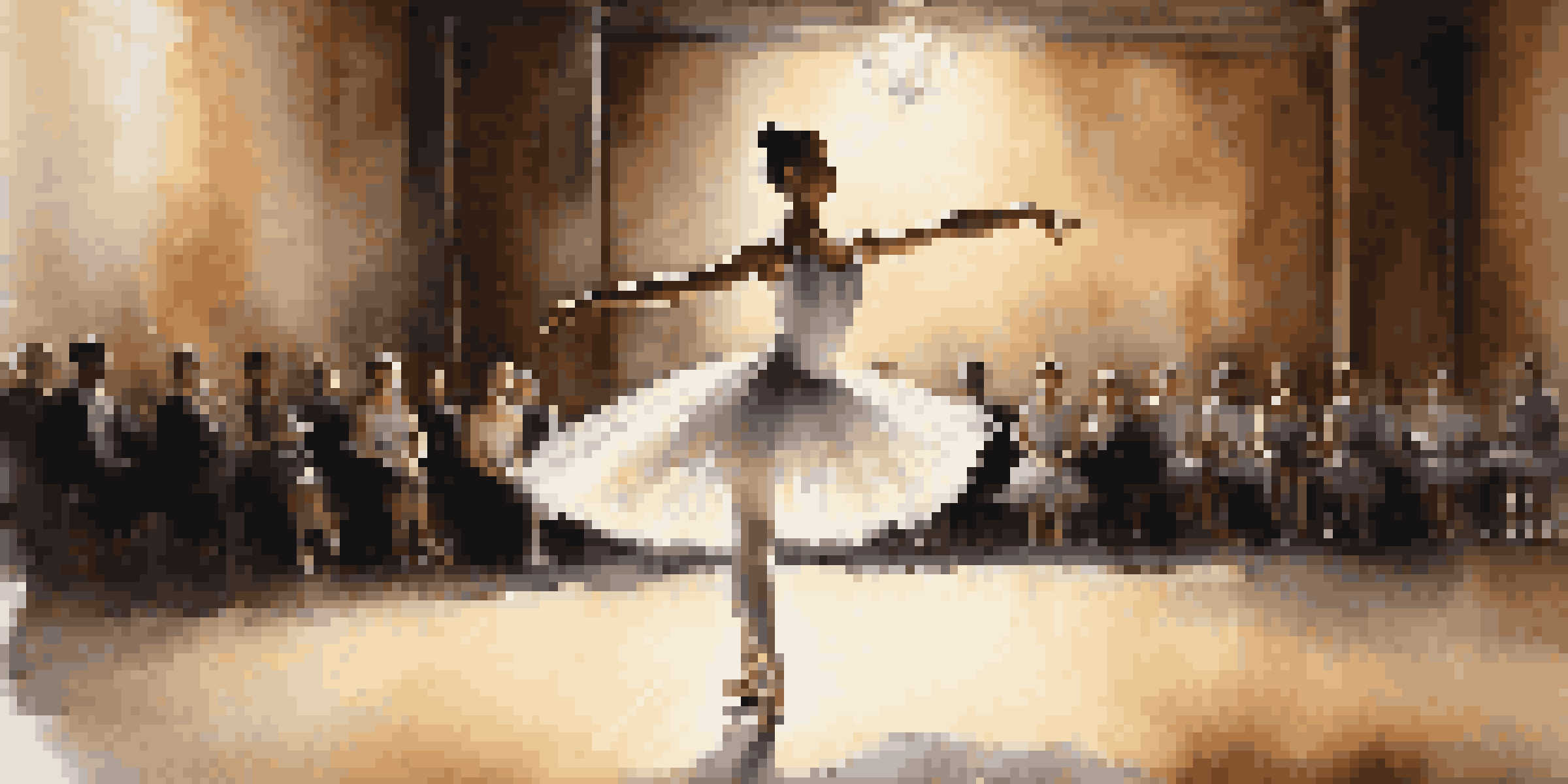 A ballet dancer in a white tutu elegantly performing a pirouette on stage, illuminated by a spotlight, with a blurred audience in the background.