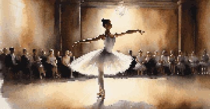 A ballet dancer in a white tutu elegantly performing a pirouette on stage, illuminated by a spotlight, with a blurred audience in the background.