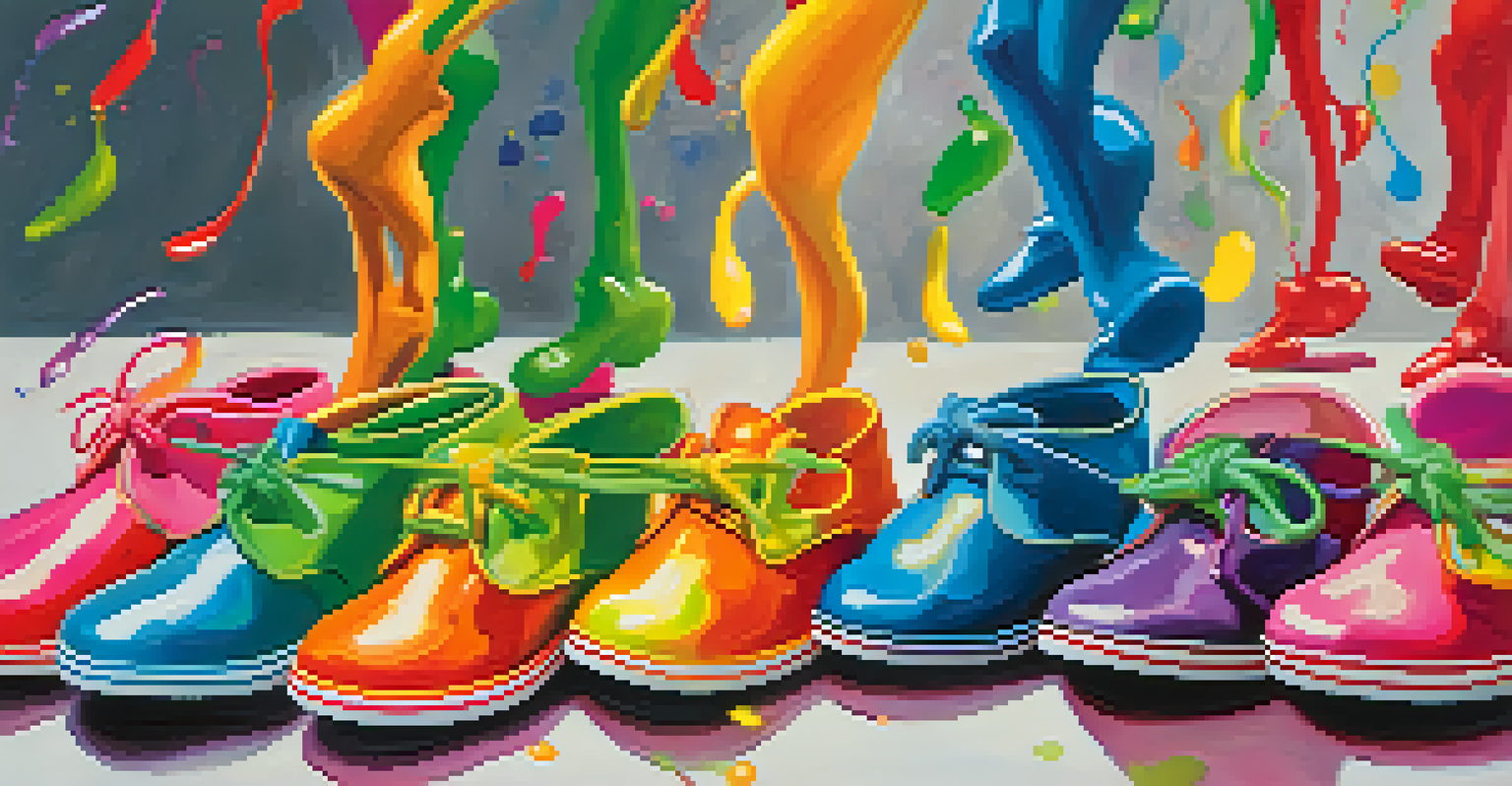 Close-up of a child's feet in colorful dance shoes, showcasing playful animal movements against a vibrant, abstract background.