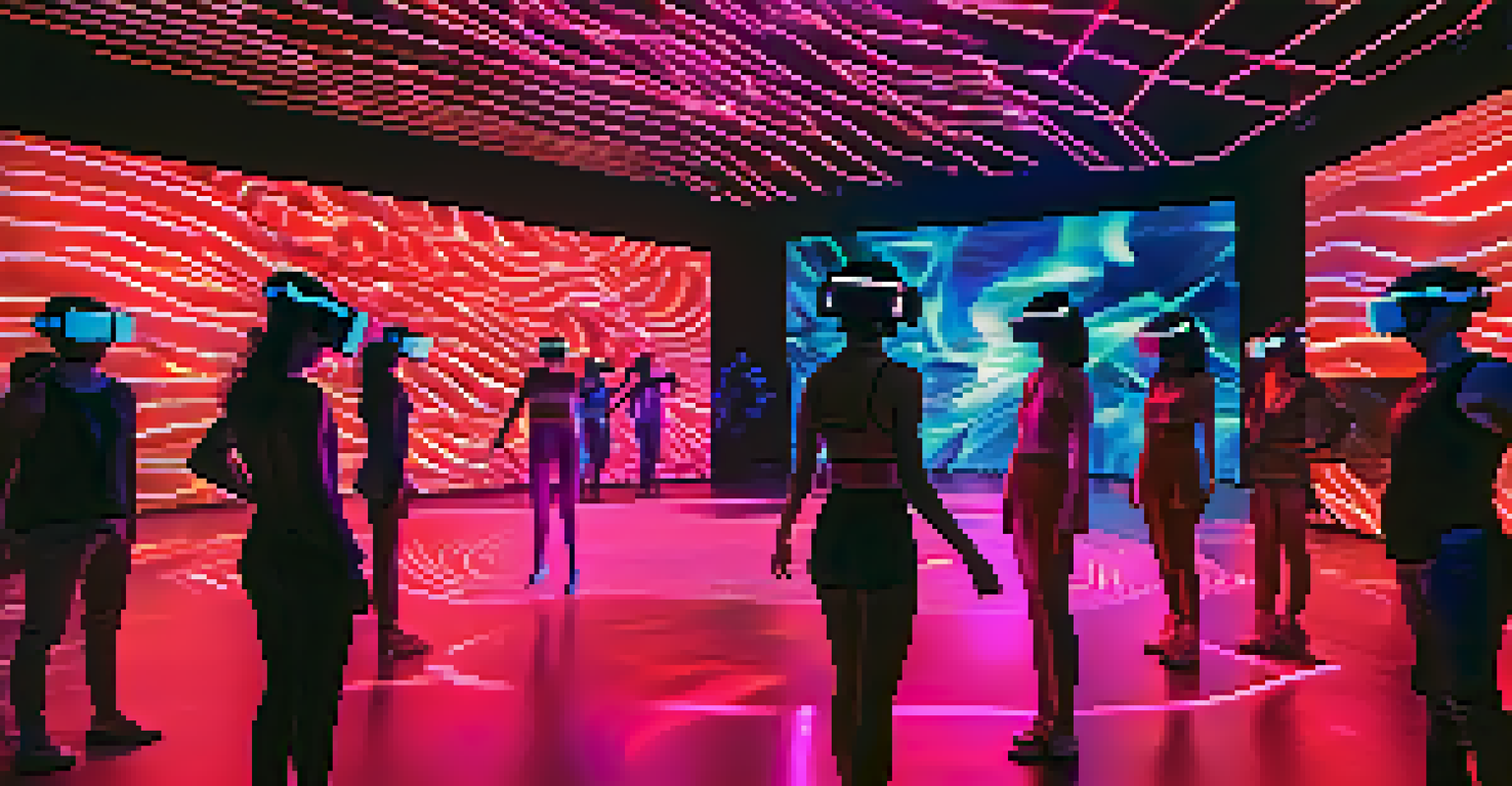 Dancers in VR headsets performing in a colorful digital environment filled with holograms and light effects.