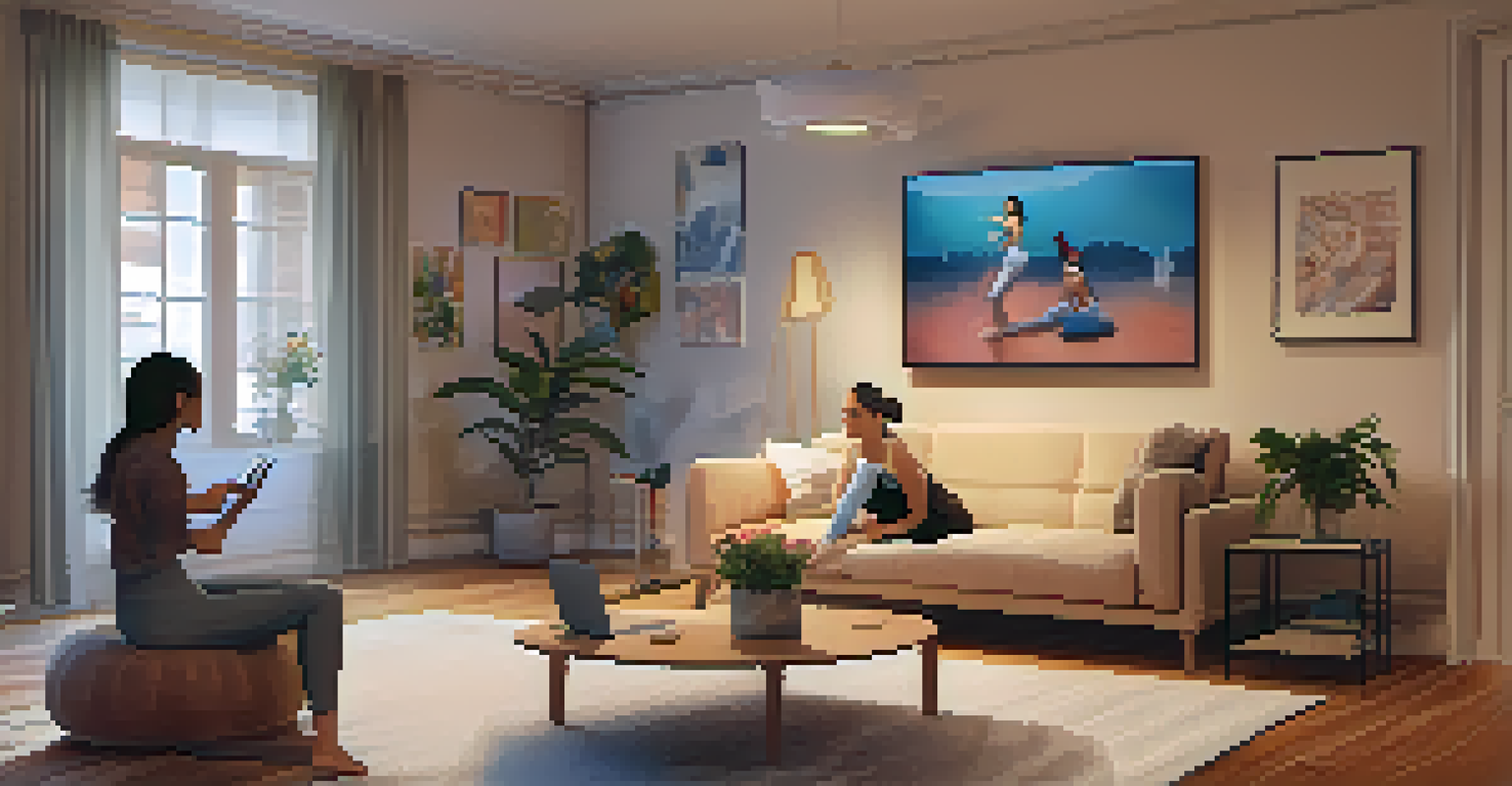 Participants in a cozy living room following an online dance therapy session on a laptop.