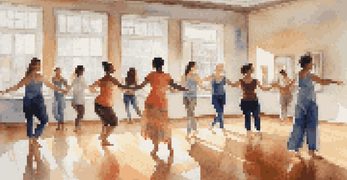 A diverse group of people engaging in a dance therapy session in a bright, sunlit studio, showcasing dynamic movements and colorful clothing.