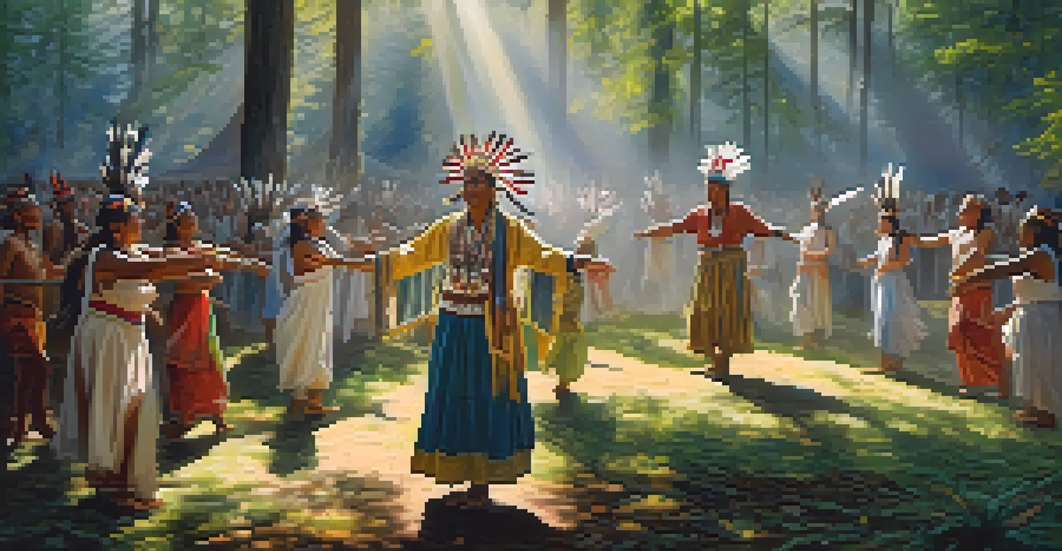 A serene forest scene depicting a shaman leading a healing dance, with community members in traditional attire illuminated by soft sunlight.