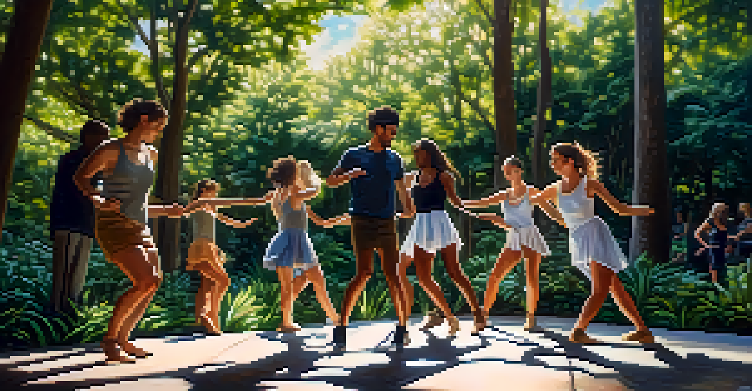 Dancers working together in a sunny outdoor space, exploring choreography amidst trees and greenery.