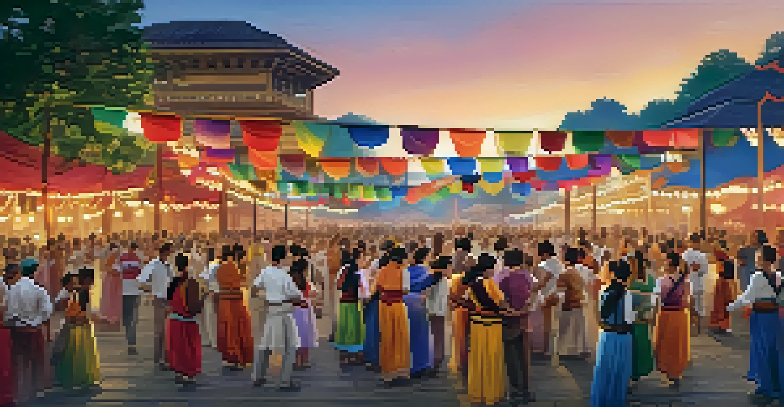 A community dance festival at dusk with families performing and celebrating cultural diversity under colorful lights.