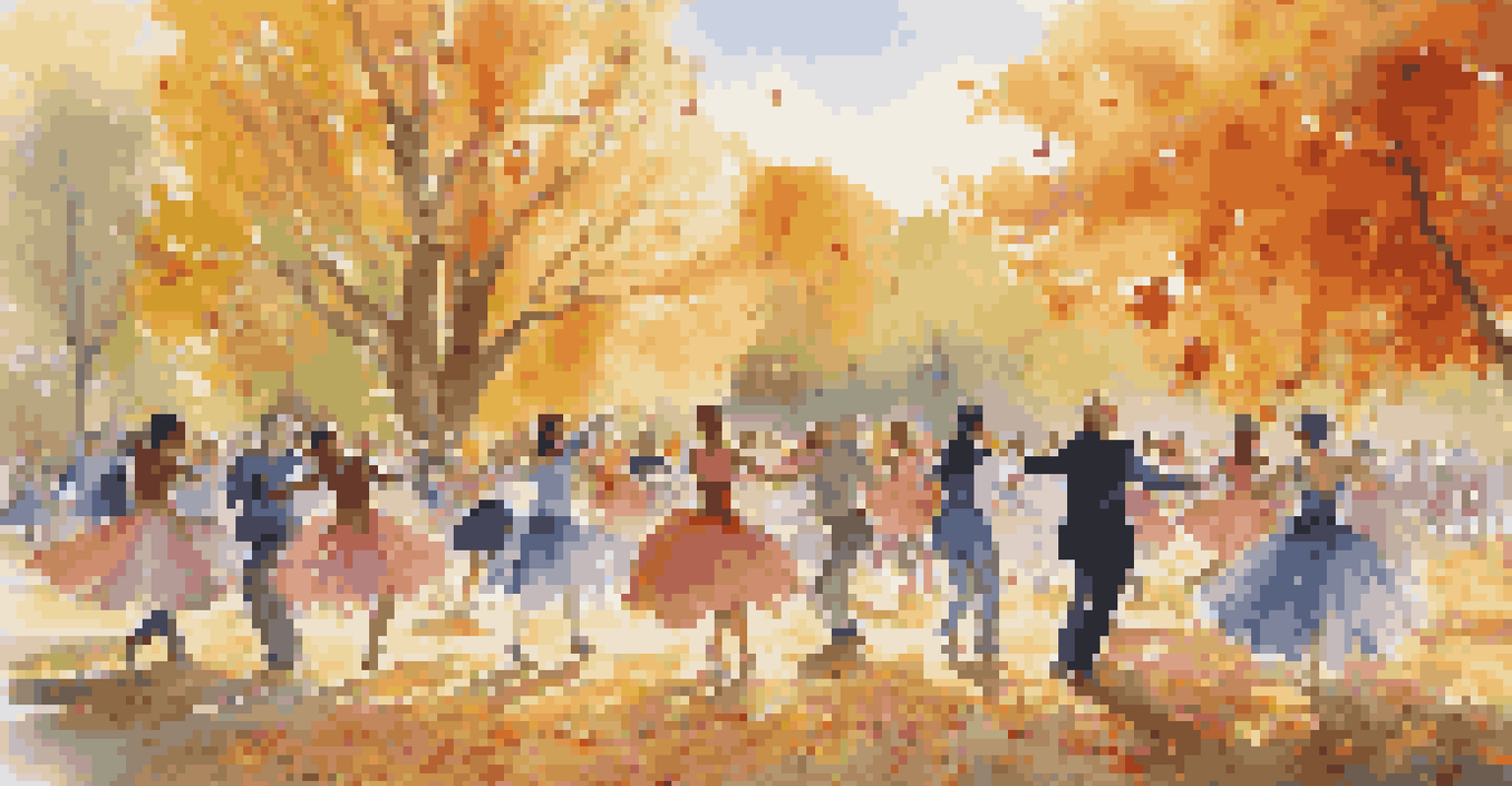 Group of dancers practicing in a park during autumn, surrounded by colorful falling leaves and dappled sunlight.