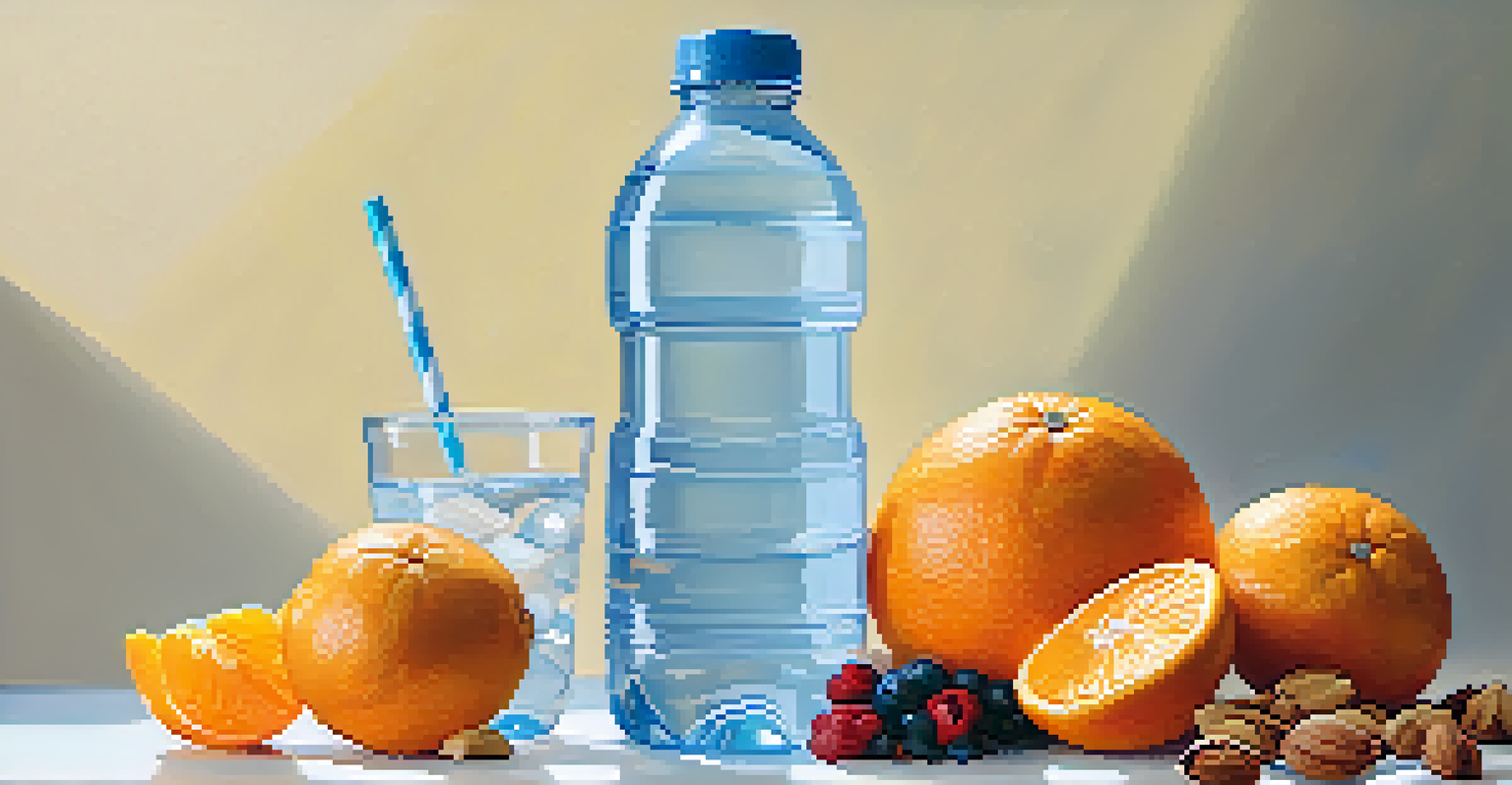 A close-up of a water bottle with fruits and nuts around it, emphasizing hydration and healthy snacking.