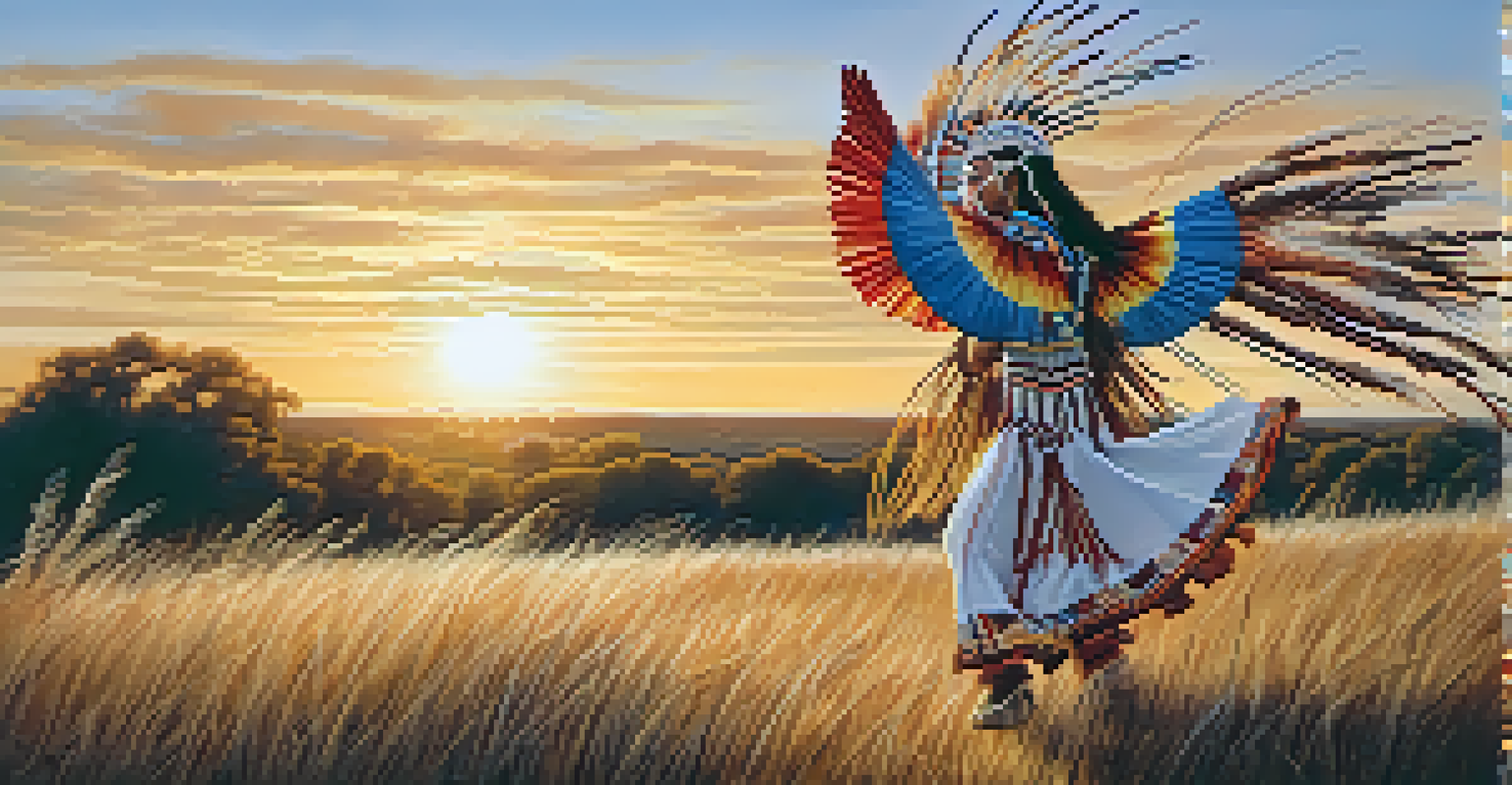 A Native American dancer in traditional attire performing surrounded by nature at sunset.